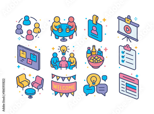 Colorful Coworking Icons. Coworking social events and meetups. Colorful isometric vector icons set of coworking social events and meetups: networking circle,