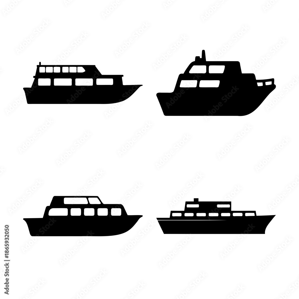 Obraz premium Collection of diverse boat and ship silhouettes for maritime concepts Vector