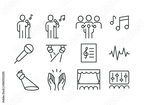 Singing Performance Icons. Singing performance. Line icon set of Singing performance: solo singer, duet singers, choir group, handheld mic, stage lights, music