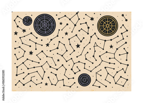 Ancient Cosmic Map. Old star chart. Constellation lines hovering over a parchment sky; stars pulsing gently. Circular diagrams drifting like cosmic wheels.