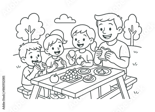 Family Picnic Coloring. Family picnic children?s coloring book illustration, outlined drawing, children and a parent sitting on a picnic bench enjoying