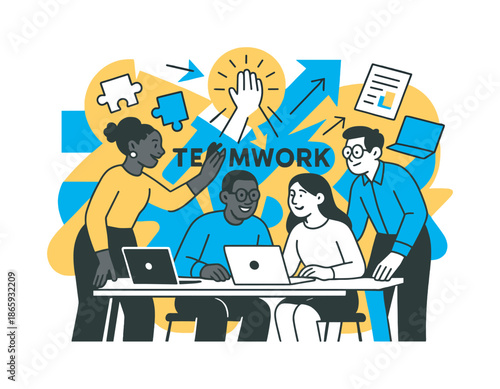 Dynamic Teamwork Illustration. Collaborative office culture. Diverse colleagues gathered around a shared desk, laptops and documents floating like puzzle