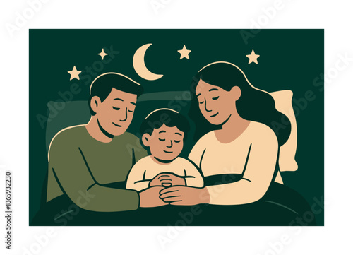 Family Evening Snuggle. Evening wind-down. Parents lying on a bed or sofa with their child snuggled in between; stars and moon icons above. Soft