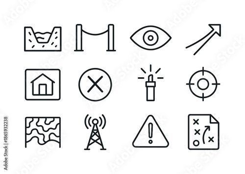 Defensive Line Icons. enemy camp under attack. Line icon set of enemy camp under attack: defensive moat, camp perimeter rope, lookout eye, attack direction