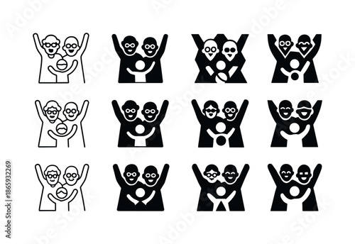 Grandparents Cheering Icons. Grandparents attending kids' sports games. Icon set. Set Logo of Grandparents attending kids' sports games: cheering elderly