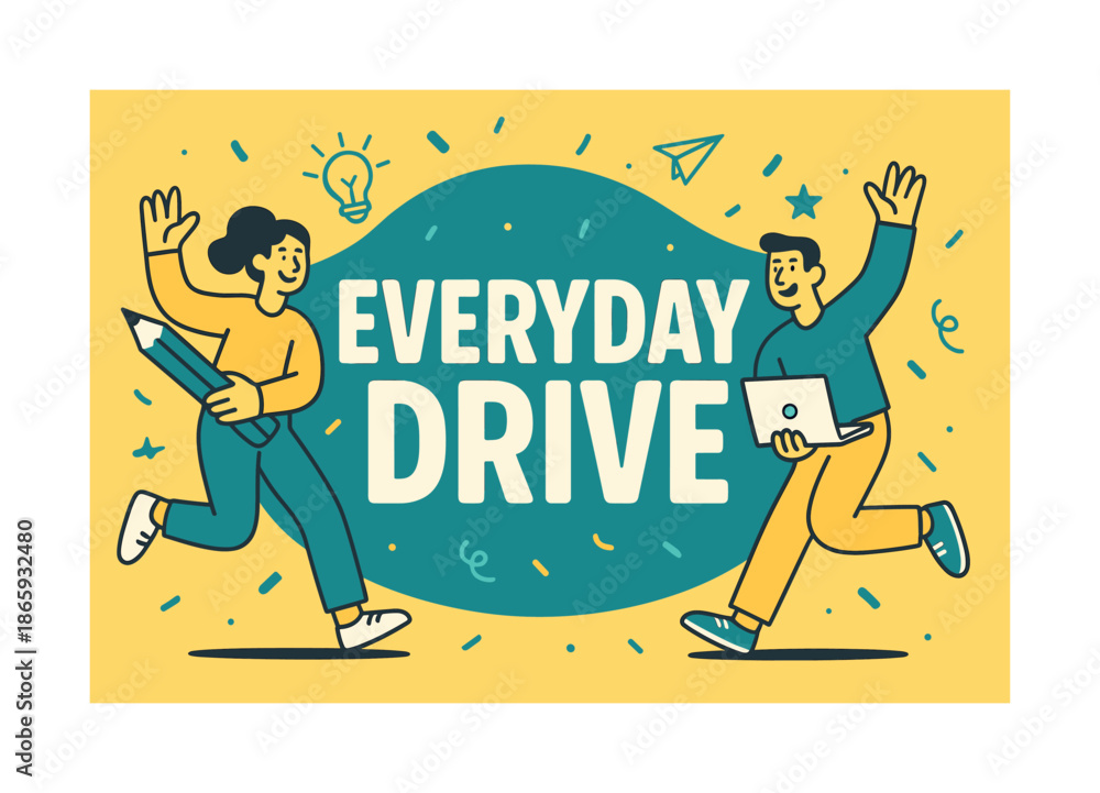 Fototapeta premium Vibrant Drive Banner. Everyday drive banner, flat vector illustration, bold oversized text inside rounded blob banner shape, cartoon characters running and