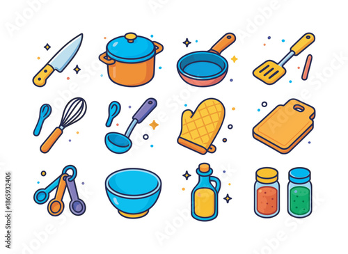 Colorful Cooking Icons. Cooking essentials. Colorful isometric vector icons set of cooking essentials: knife, pot, pan, spatula, whisk, ladle, oven mitt,