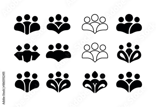 Teamwork Icon Variations. Teamwork. Icon set. Set Logo of teamwork: three-person synergy symbol. harmonious logo variations of the same emblematic concept,