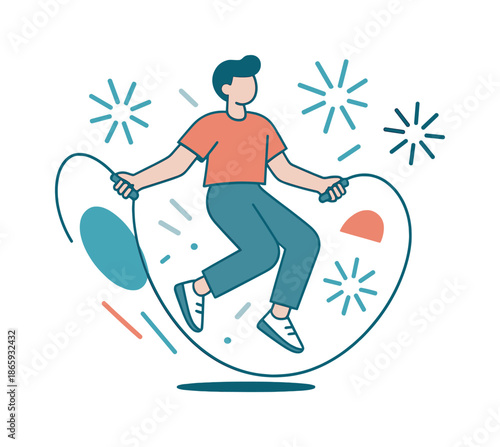 Dynamic Jump Rope. Jump rope session. A figure mid-air with the rope forming smooth loops around them; abstract energy bursts float outward. Modern flat-line