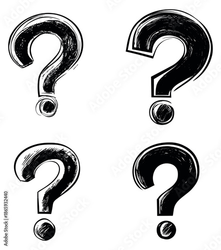 Hand drawn grunge question mark set featuring four varied styles for uncertainty concepts