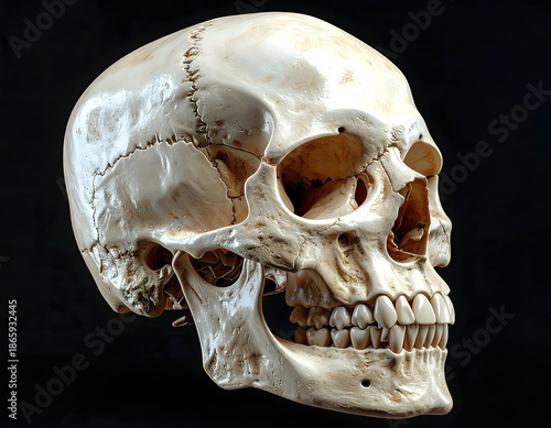A close-up of a human skull against a dark background, revealing its detailed bone structure
