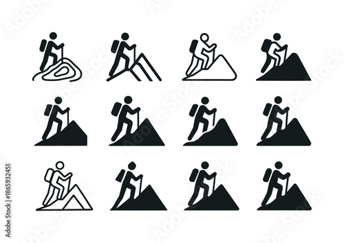 Mountain Logo Variations. Hiking up a mountain. Icon set. Set Logo of hiking up a mountain: contour map lines rising upward. harmonious logo variations of the