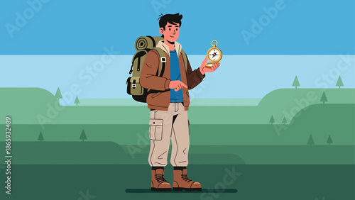 An adventurous male hiker with a backpack consults his compass for careful navigation through a scenic outdoor landscape. This illustration captures the essence of exploration and discovery