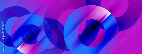 Abstract composition. Overlapping circles create vibrant, flowing shapes. Pink, purple, blue hues dominate design. Modern aesthetic.