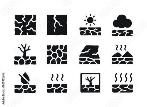 Cracked Earth Icons. cracked earth. Solid icon set of cracked earth: dry soil, deep cracks, barren land, dust cloud, drought tree, parched ground, broken