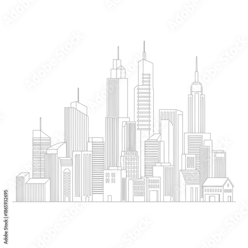 Skyline of modern city buildings with various architectural styles and heights