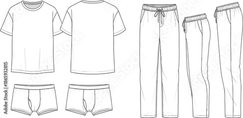Men’s casual loungewear clothing set fashion flat sketch including t shirt underwear and drawstring pants with front back views