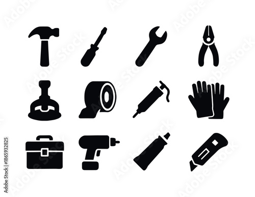Black Icon Tool Set. Repair tools. Solid icon set of repair tools: hammer, screwdriver, wrench, pliers, glass cutter, suction cup lifter, tape roll, sealant