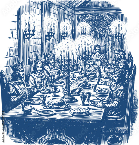 Medieval feast with kings and nobles eating in great hall