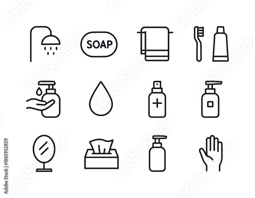 Hygiene Icon Set. Hygiene. Line icon set of Hygiene: showerhead, soap, towel, toothbrush, toothpaste, handwash, water droplet, sanitizer, mirror, tissue,