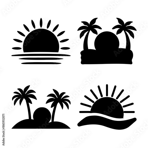 Collection of tropical sun and palm tree silhouette vector icons Vector