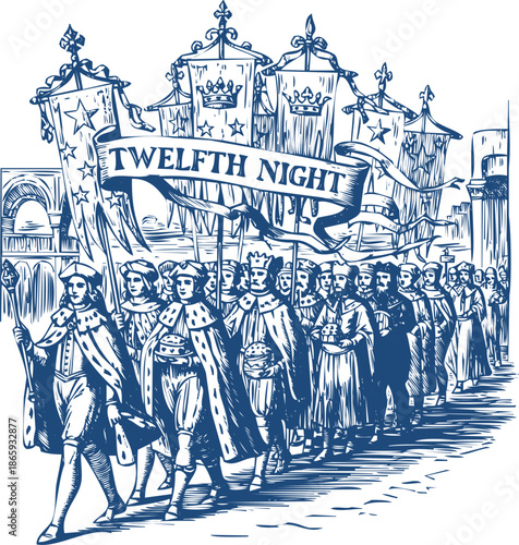 Procession banner reading twelfth night in ornate street setting
