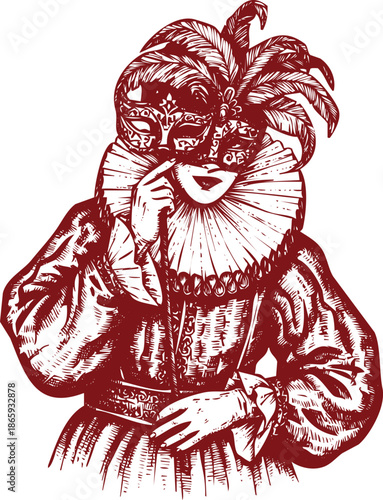 Portrait of person in rich period clothing and feathered mask