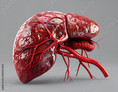 An anatomical illustration of a human liver, showcasing the organ's intricate vascular system in detail
