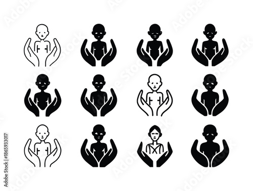 Protective Child Logo Variations. malnourished child. Icon set. Set Logo of malnourished child: protective hands around child symbol. harmonious logo