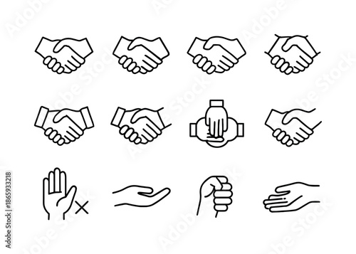 Variety of Handshakes. Handshake. Line icon set of Handshake: greeting handshake, firm handshake, weak handshake, double handshake, business handshake,