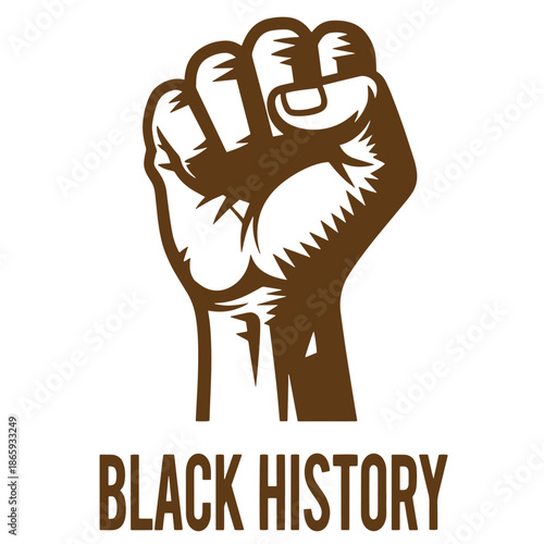Brown raised fist and black history text on white background  symbol of unity and celebration