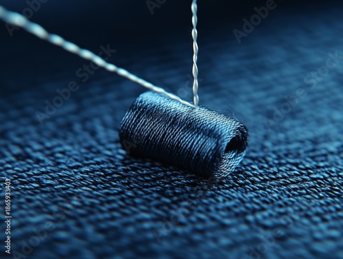 Selective focus. Sewing on blue fabric with needle and thread