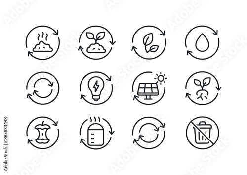 Closed-Loop Farming Icons. Closed-Loop Farming. Line icon set of Closed-Loop Farming: animal manure, compost cycle, seed reuse, water loop, zero waste symbol,