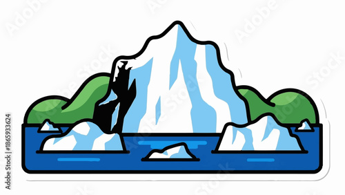 Stylized illustration of icebergs floating in blue water with green hills in background