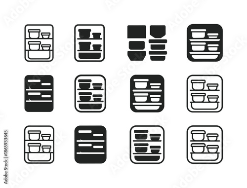 Fridge Organization Icons. Organizing fridge shelves. Icon set. Set Logo of organizing fridge shelves: neatly stacked containers. harmonious logo variations of