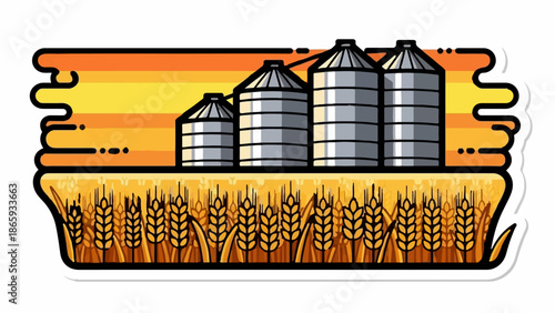 Stylized illustration of farm silos in a golden wheat field under a striped sunset