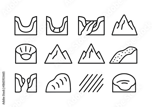 Glacial Relief Icons. Glacial relief. Line icon set of Glacial relief: U-shaped valley, hanging valley, glacial trough, glacier tongue, cirque headwall, arete