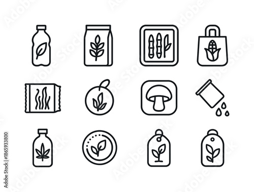Bio-based Icon Set. Bio-based product icons. Line icon set of Bio-based product icons: bio bottle, starch packaging, sugarcane tray, corn bag, algae wrap,