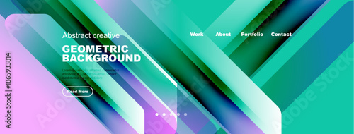 Modern website header design. Vibrant gradients, geometric shapes, text overlays present information. Clean layout, professional aesthetic.