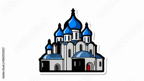 Stylized building with blue domed roofs, reminiscent of a grand cathedral