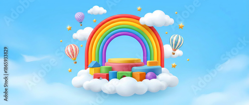 3d kids rainbow with blue sky, platform and floating balloons.