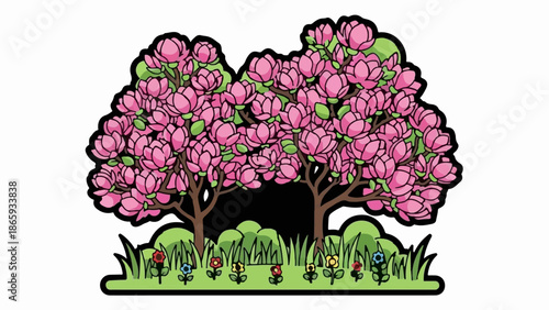 Two pink flowering trees stand in a grassy field with small, colorful flowers