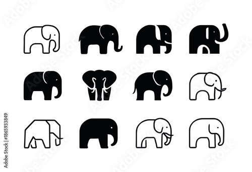 Elephant Logo Variations. Elephants. Icon set. Set Logo of Elephants: standing elephant. harmonious logo variations of the same emblematic concept, each with