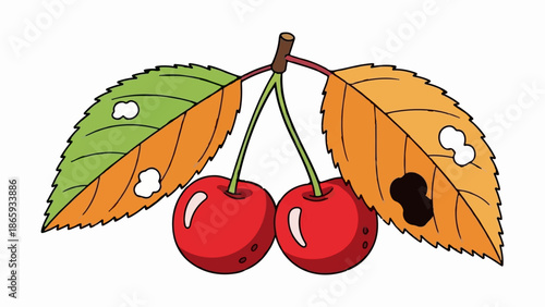 Two ripe red cherries hang from a branch with two damaged leaves