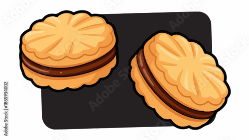 Two cartoon biscuits with chocolate filling on a dark grey background