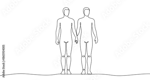Two men holding hands in one line art style. Two men drawing with editable black stroke on white background. Vector illustration.
