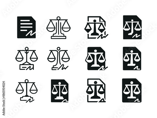 Settlement Agreement Icons. Signing of settlement agreement. Icon set. Set Logo of Signing of settlement agreement: balance and document. harmonious logo