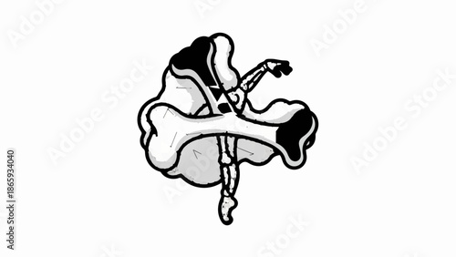 Surreal skeleton dancer with bone elements and black and white shading