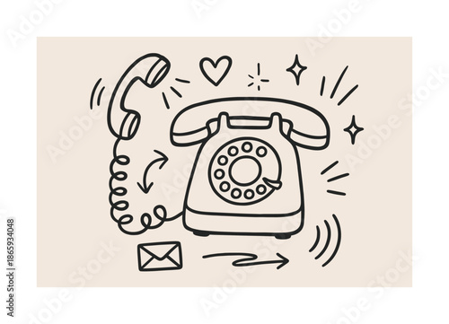 Retro Rotary Phone Doodle. Telephone nostalgia. Hand-drawn doodle illustration Telephone nostalgia rotary phone, coiled cord, number wheel, sound waves,