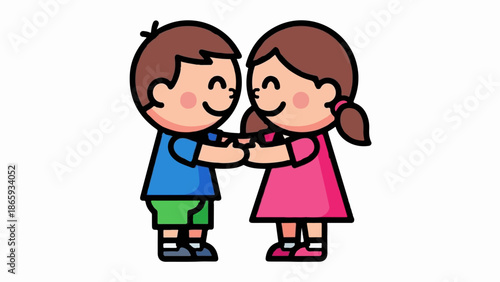 Two cartoon children, a boy and a girl, hold hands and smile happily against a white background